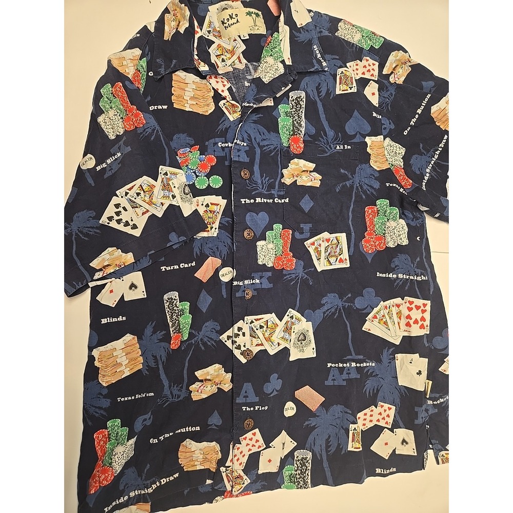 Vintage KOKO ISLAND Men’s L Hawaiian Shirt Poker Gambling Casino Cash Cards USA